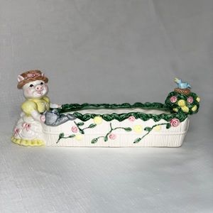 Vintage Fitz & Floyd Pig Ceramic Cracker Holder Garden Blue Bird Fountain Design